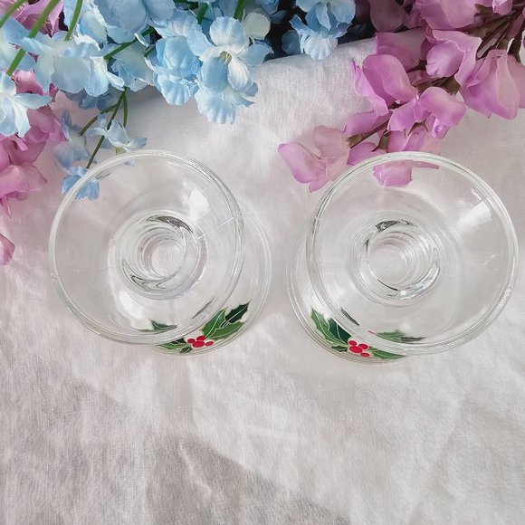 2pc Avon Holiday Hostess Glass Candle Holder Set, Holly Berry, Vintage - Picture 4 of 8